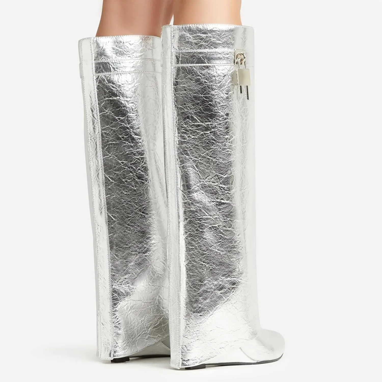 Yishaweiqi Fold Over Boots Wide-calf Wedge Heel Knee High Boot With Decorative Lock