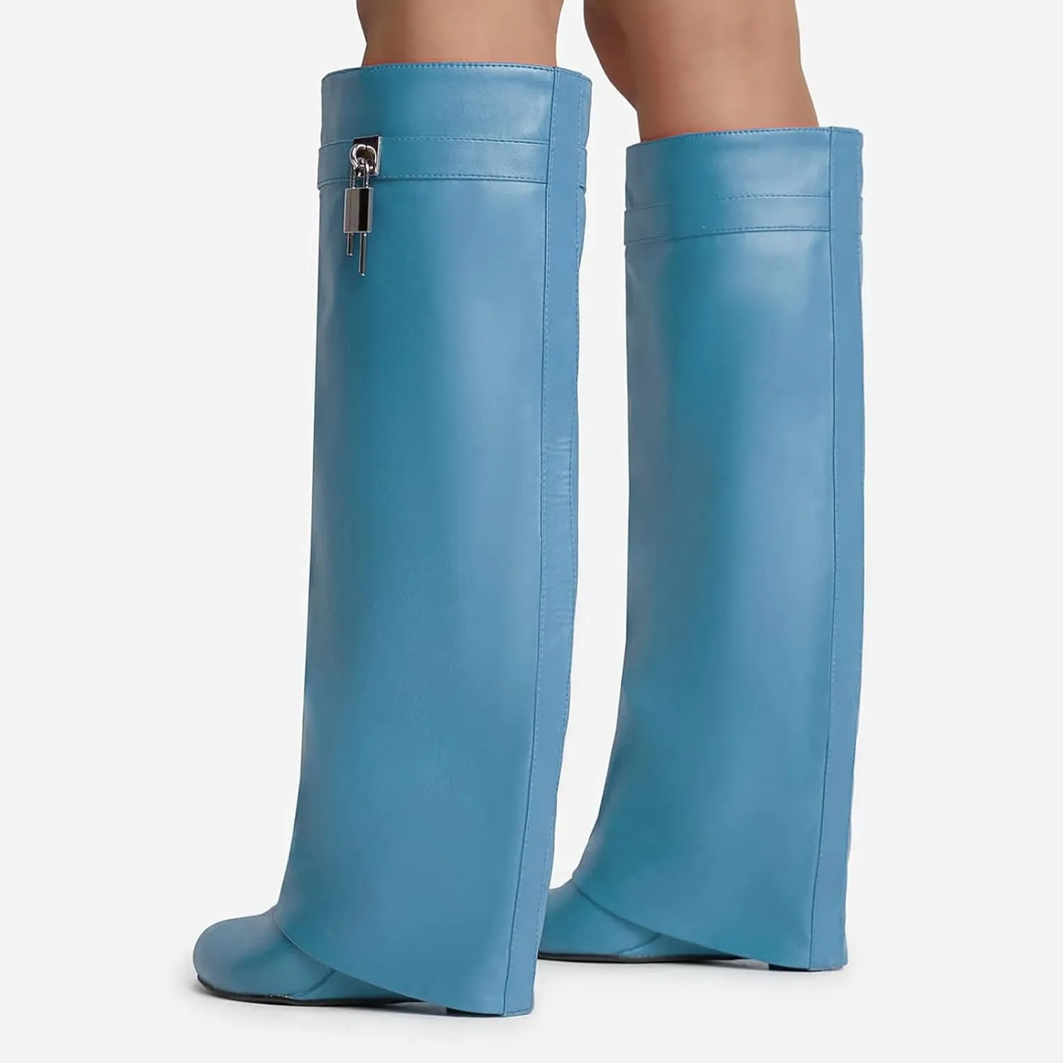 Yishaweiqi Fold Over Boots Wide-calf Wedge Heel Knee High Boot With Decorative Lock