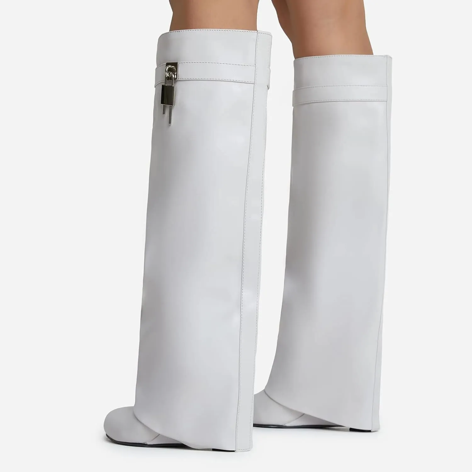Yishaweiqi Fold Over Boots Wide-calf Wedge Heel Knee High Boot With Decorative Lock