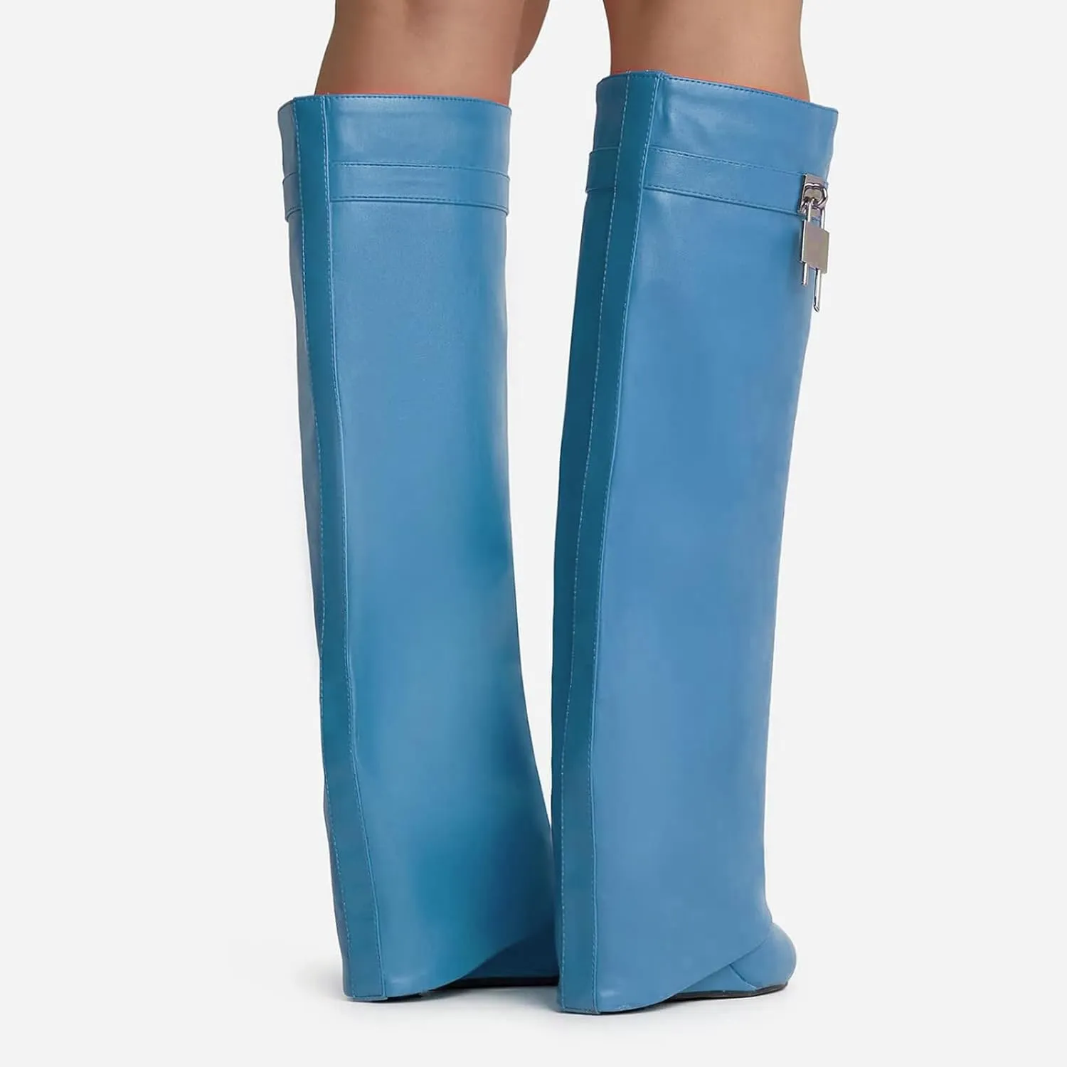Yishaweiqi Fold Over Boots Wide-calf Wedge Heel Knee High Boot With Decorative Lock