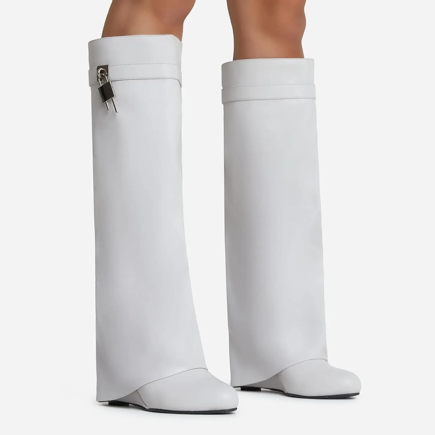 Yishaweiqi Fold Over Boots Wide-calf Wedge Heel Knee High Boot With Decorative Lock