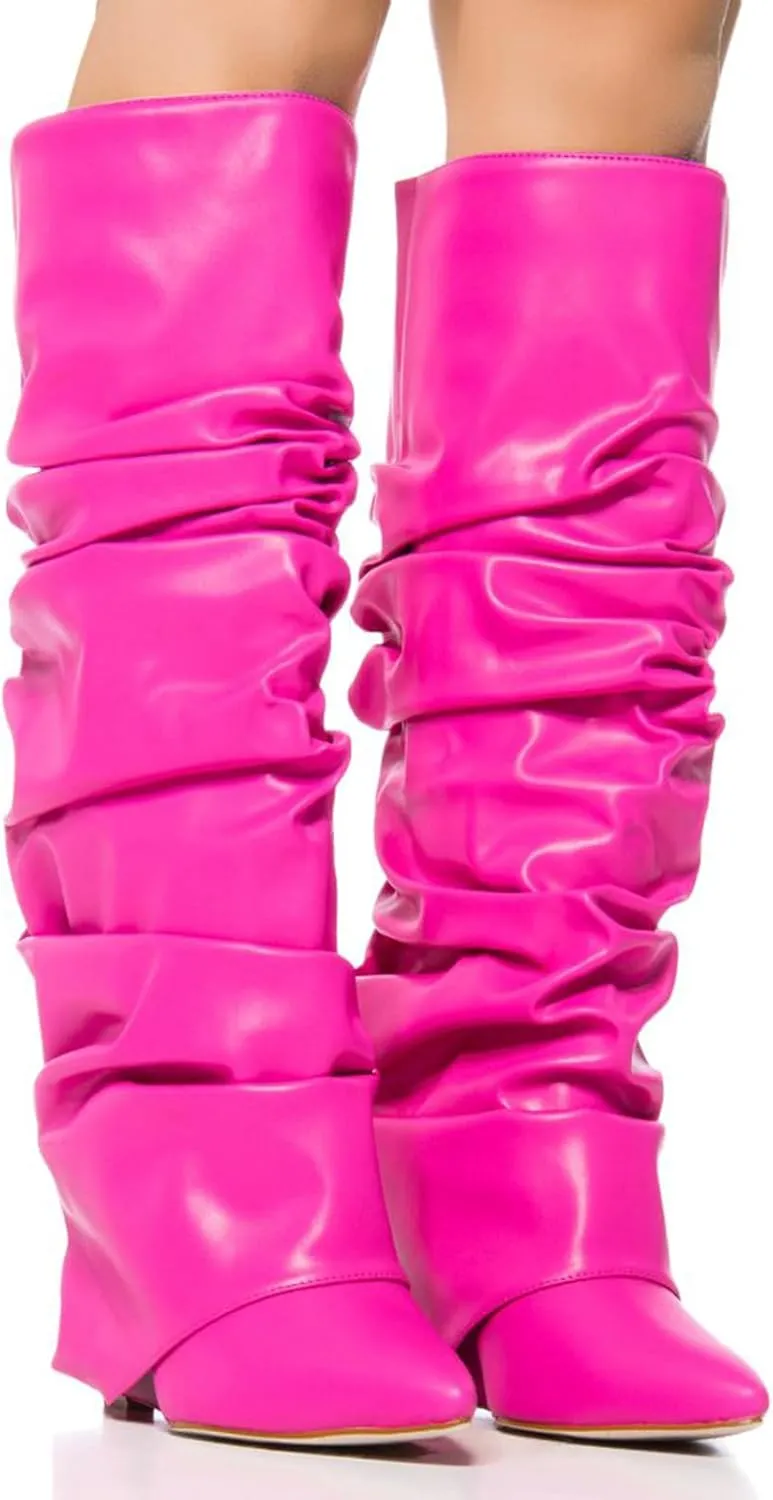 Yishaweiqi Slouched Ruched Fold Over Boots for Women Covered Wedge Heel Patent Leather Knee High Boots Wide Calf Pointed Toe Casual Boots