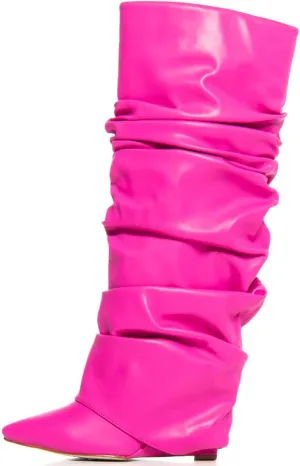Yishaweiqi Slouched Ruched Fold Over Boots for Women Covered Wedge Heel Patent Leather Knee High Boots Wide Calf Pointed Toe Casual Boots
