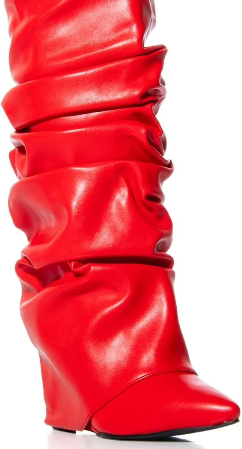 Yishaweiqi Slouched Ruched Fold Over Boots for Women Covered Wedge Heel Patent Leather Knee High Boots Wide Calf Pointed Toe Casual Boots