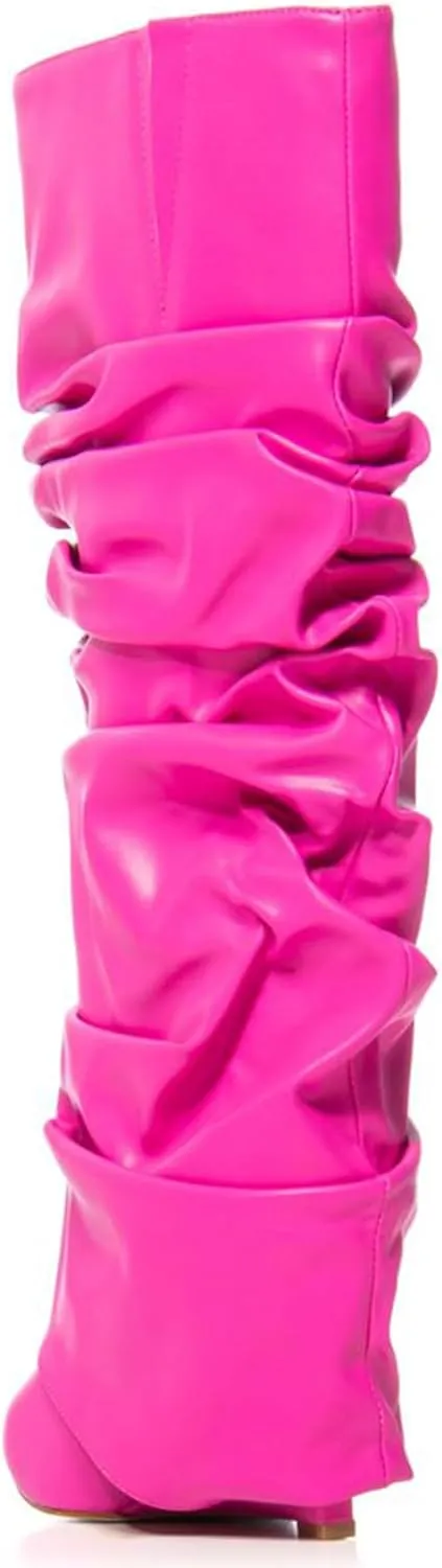 Yishaweiqi Slouched Ruched Fold Over Boots for Women Covered Wedge Heel Patent Leather Knee High Boots Wide Calf Pointed Toe Casual Boots