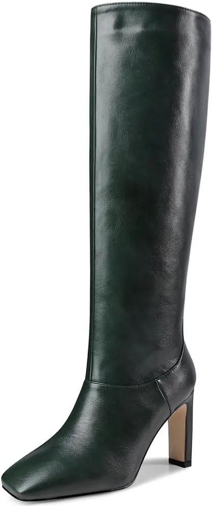 YIYA Cherry Red Boots for Fall Square Toe Chunky High Heels Dark Red Knee High Long Boots Pull On