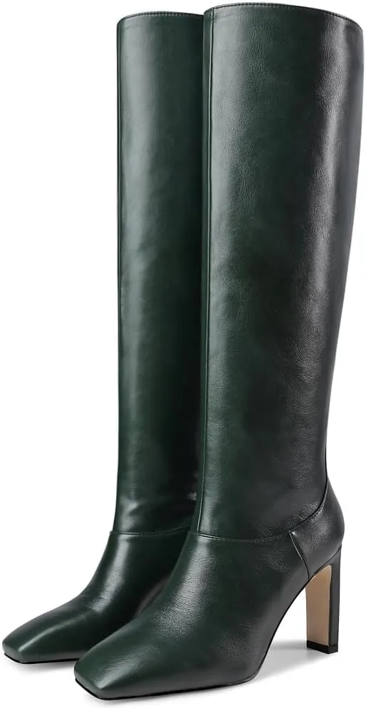 YIYA Cherry Red Boots for Fall Square Toe Chunky High Heels Dark Red Knee High Long Boots Pull On