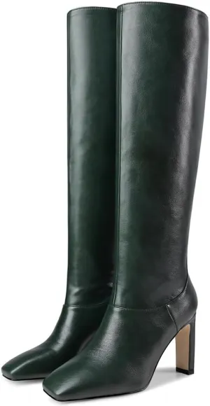 YIYA Cherry Red Boots for Fall Square Toe Chunky High Heels Dark Red Knee High Long Boots Pull On