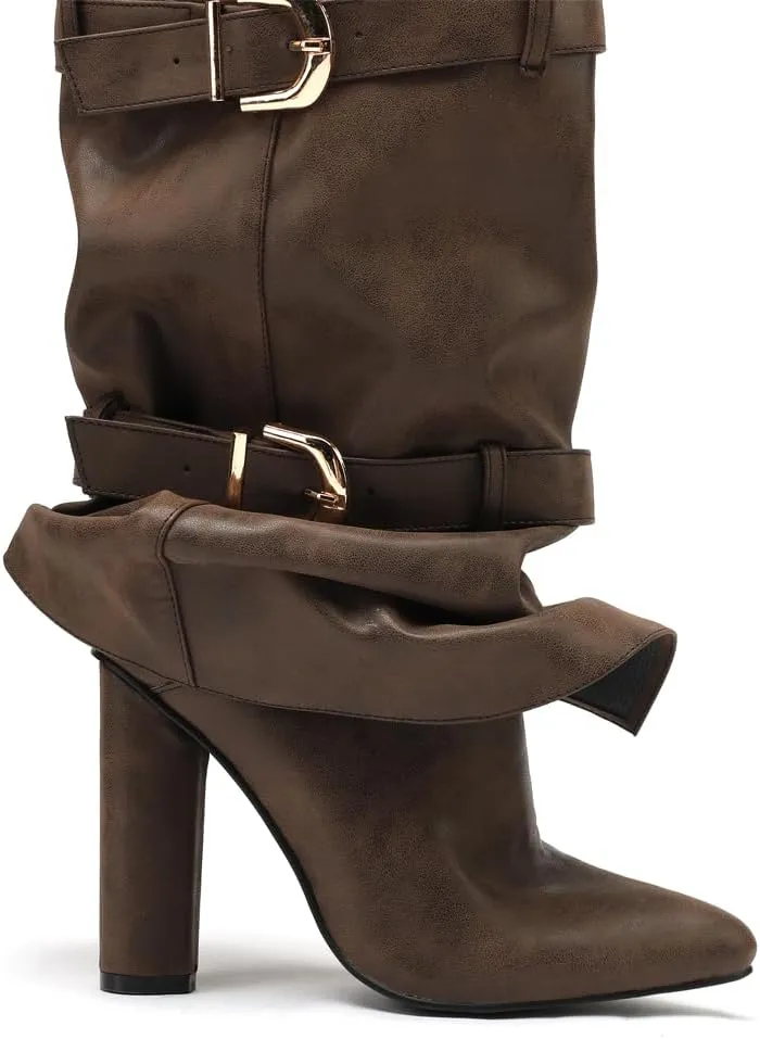 YIYA Women's Fold Over Knee High Boots with Buckle Pointed Toe Chunky High Heels Tall Boots
