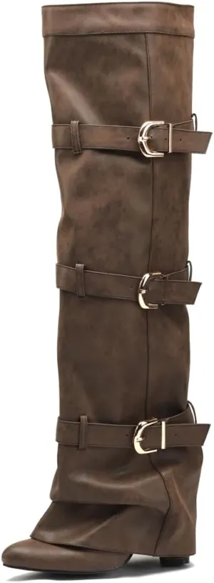 YIYA Women's Fold Over Knee High Boots with Buckle Pointed Toe Chunky High Heels Tall Boots