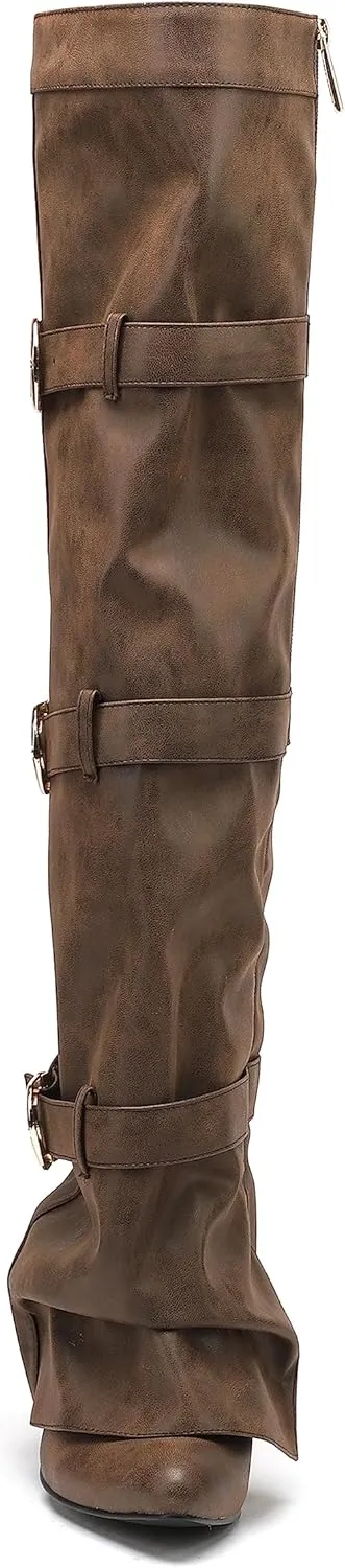 YIYA Women's Fold Over Knee High Boots with Buckle Pointed Toe Chunky High Heels Tall Boots