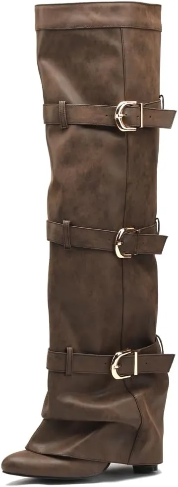 YIYA Women's Fold Over Knee High Boots with Buckle Pointed Toe Chunky High Heels Tall Boots