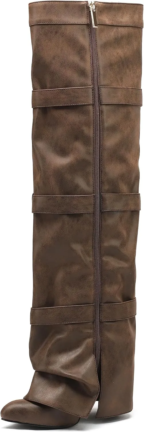 YIYA Women's Fold Over Knee High Boots with Buckle Pointed Toe Chunky High Heels Tall Boots