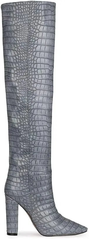 YIYA Women's Metallic Over the Knee High Boots Pointed Toe Chunky Mid Heel Thigh High Fashion Dress Boots Zipper Long Boots