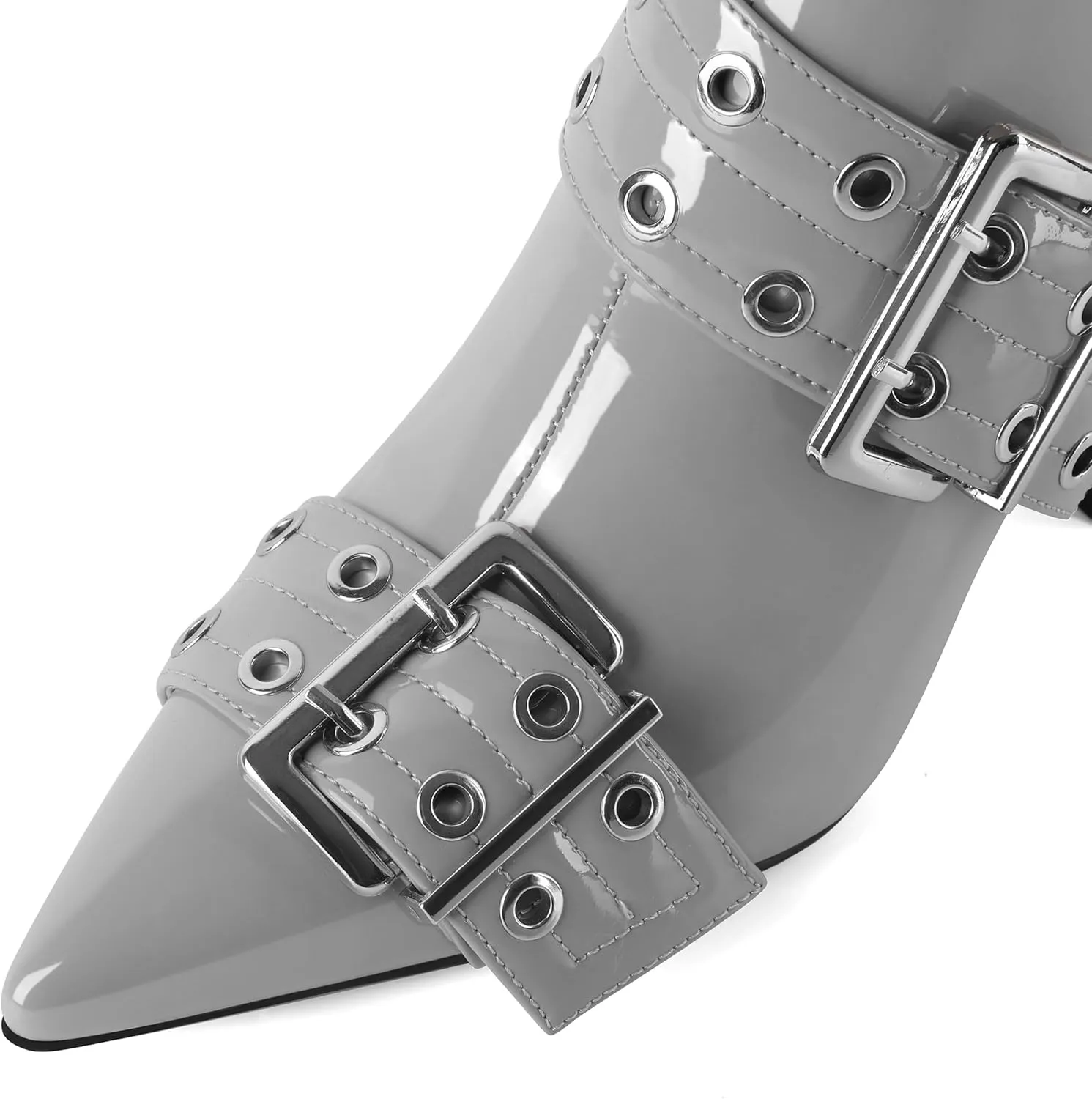 YODEKS Ankle Boots For Women Short Boots Pointed Toe Chunky High Heel Boots Metal Buckle Studded Boots