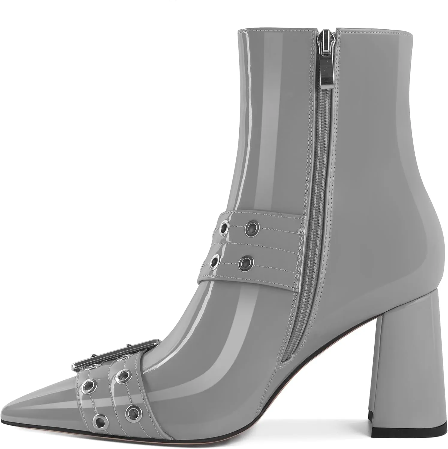YODEKS Ankle Boots For Women Short Boots Pointed Toe Chunky High Heel Boots Metal Buckle Studded Boots