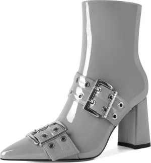 YODEKS Ankle Boots For Women Short Boots Pointed Toe Chunky High Heel Boots Metal Buckle Studded Boots