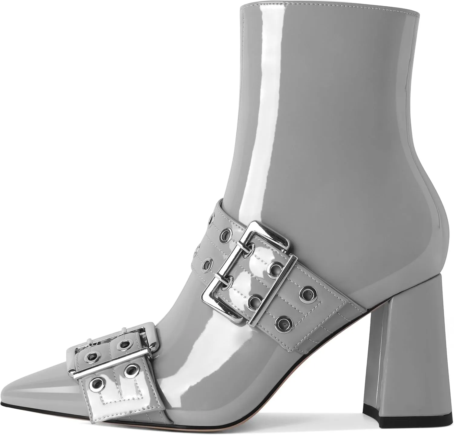 YODEKS Ankle Boots For Women Short Boots Pointed Toe Chunky High Heel Boots Metal Buckle Studded Boots