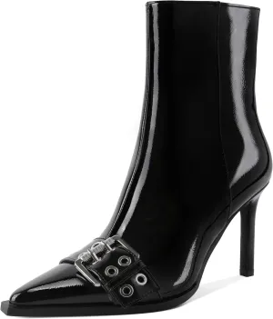 YODEKS Women Ankle Boots Pointed Toe 3.5" High Heel Boots Eyelets Buckles Straps Booties Side Zipper Short Boots