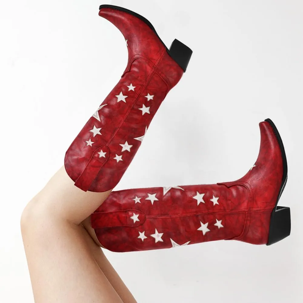 Yolkomo Cowboy Boots for Women Red Western Cowgirl Boots, Pointed Toe, Mid Calf, Knee High