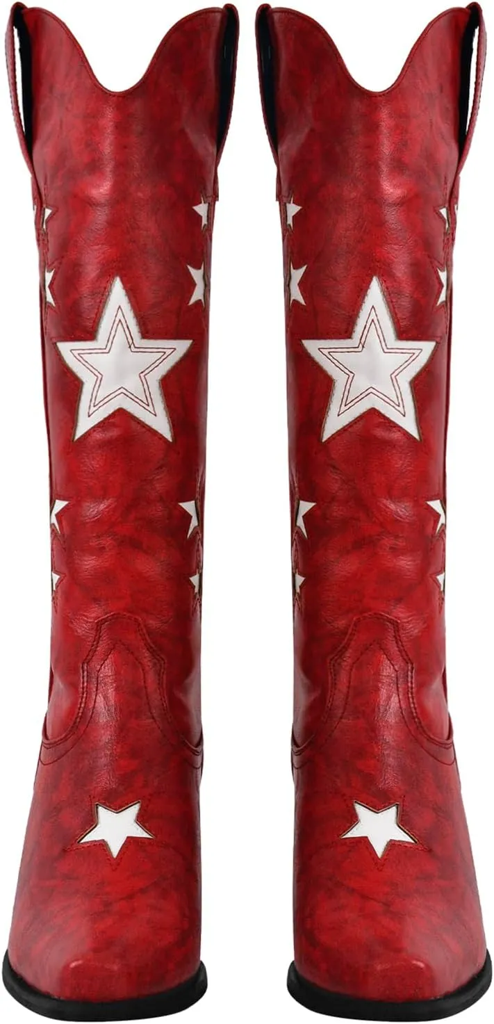 Yolkomo Cowboy Boots for Women Red Western Cowgirl Boots, Pointed Toe, Mid Calf, Knee High