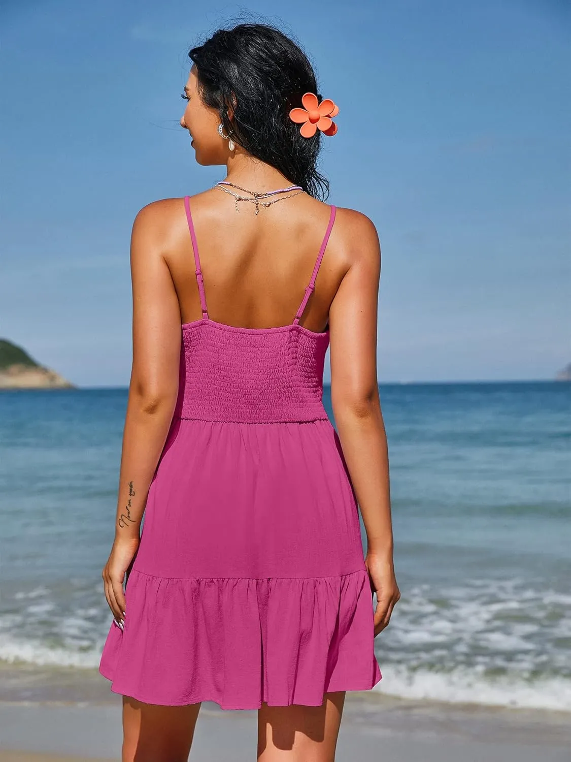 ZAFUL Women's Casual V Neck Summer Mini Dress Spaghetti Strap A-Line Short Dresses Backless Solid Color Sundress