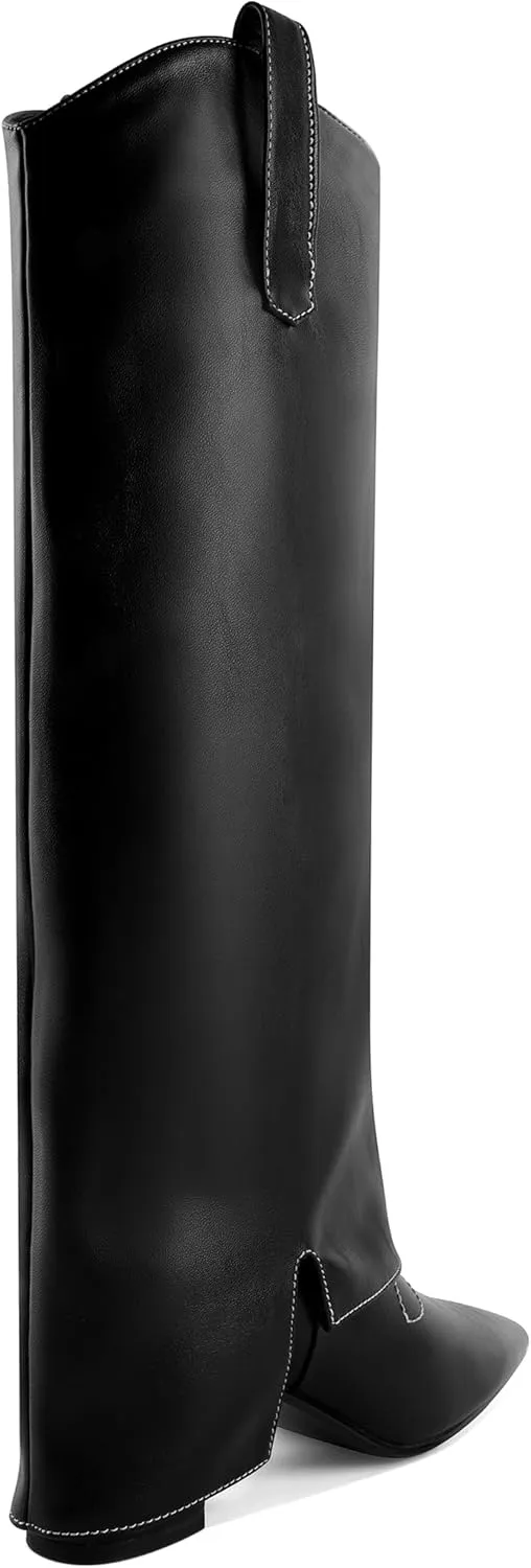 Zamikoo Fold Over Boots Knee High Chunky Pointed Toe Pull On High Heel Tall Boots 2.5 Inches