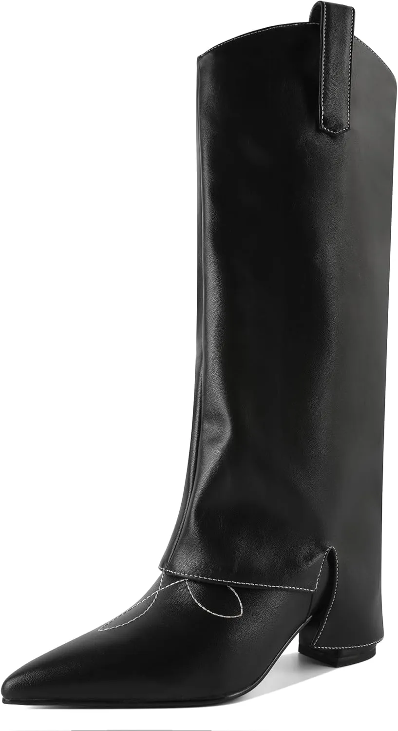 Zamikoo Fold Over Boots Knee High Chunky Pointed Toe Pull On High Heel Tall Boots 2.5 Inches
