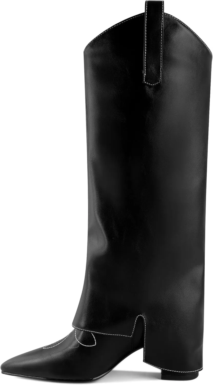Zamikoo Fold Over Boots Knee High Chunky Pointed Toe Pull On High Heel Tall Boots 2.5 Inches