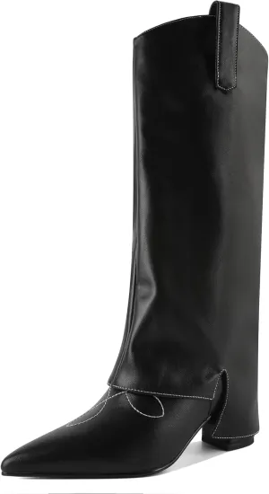 Zamikoo Fold Over Boots Knee High Chunky Pointed Toe Pull On High Heel Tall Boots 2.5 Inches