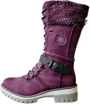 ZDLJYL Women Buckle Lace Knitted Mid-calf Boots, Motorcycle Side Zipper Combat Cowboy Riding Boots Knitted Boots for Women