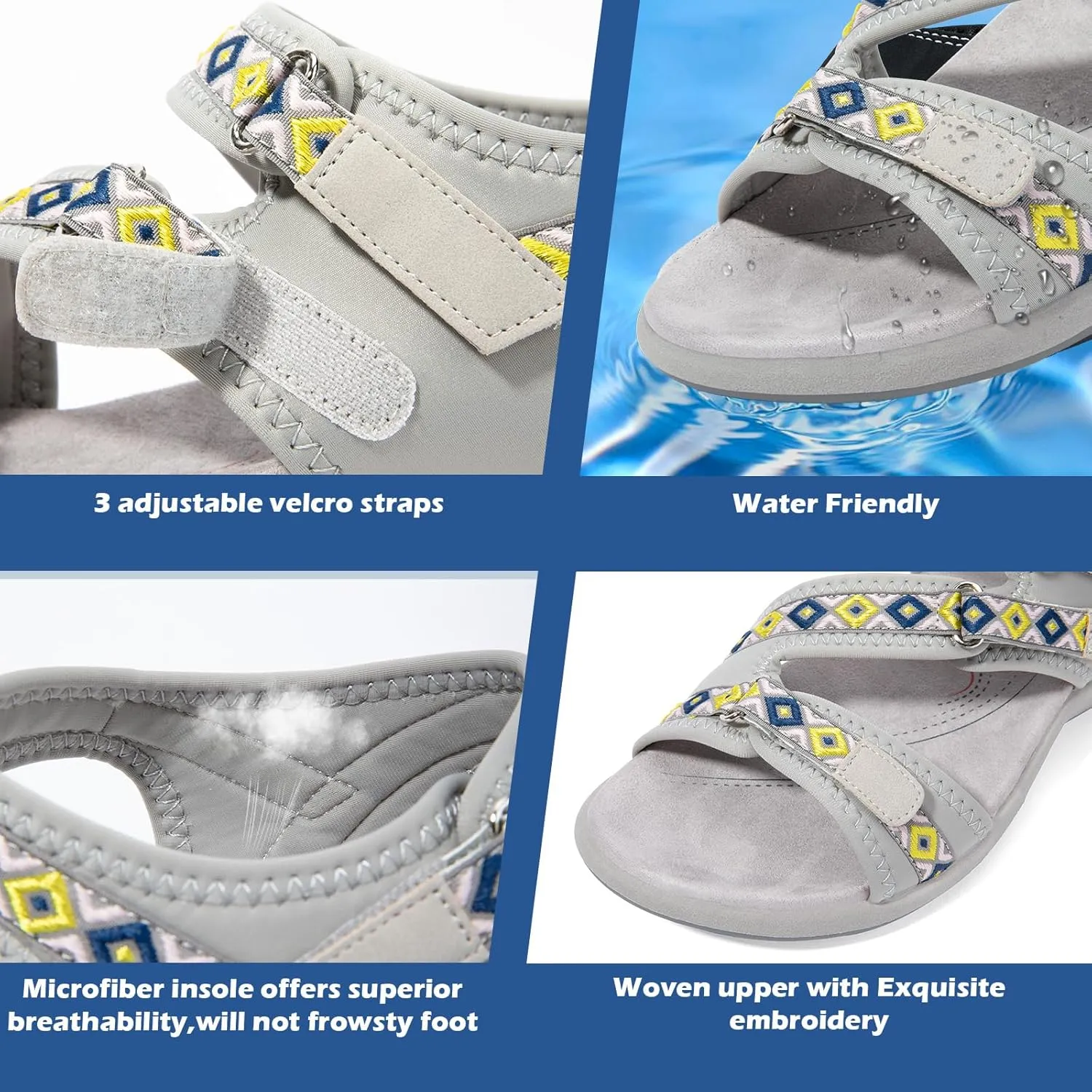 Zelaprox Women Comfortable Walking Sandals with Arch Support Hiking Sandals Casual Summer Athletic Sandals for Outdoor with 3 Adjustable Hook and Loop Strap