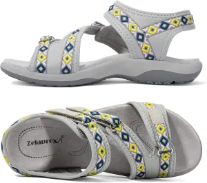 Zelaprox Women Comfortable Walking Sandals with Arch Support Hiking Sandals Casual Summer Athletic Sandals for Outdoor with 3 Adjustable Hook and Loop Strap