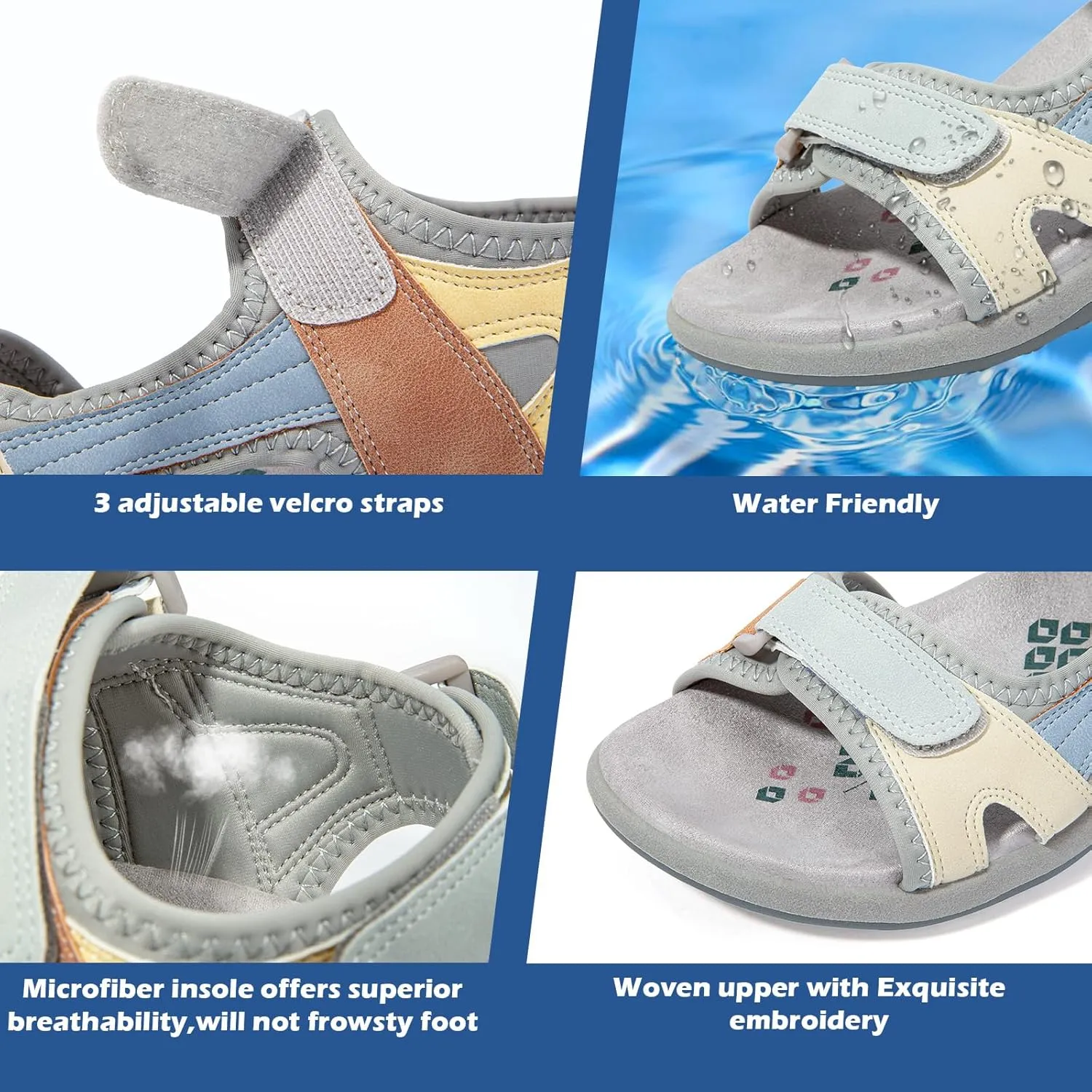 Zelaprox Women Comfortable Walking Sandals with Arch Support Hiking Sandals Casual Summer Athletic Sandals for Outdoor with 3 Adjustable Hook and Loop Strap