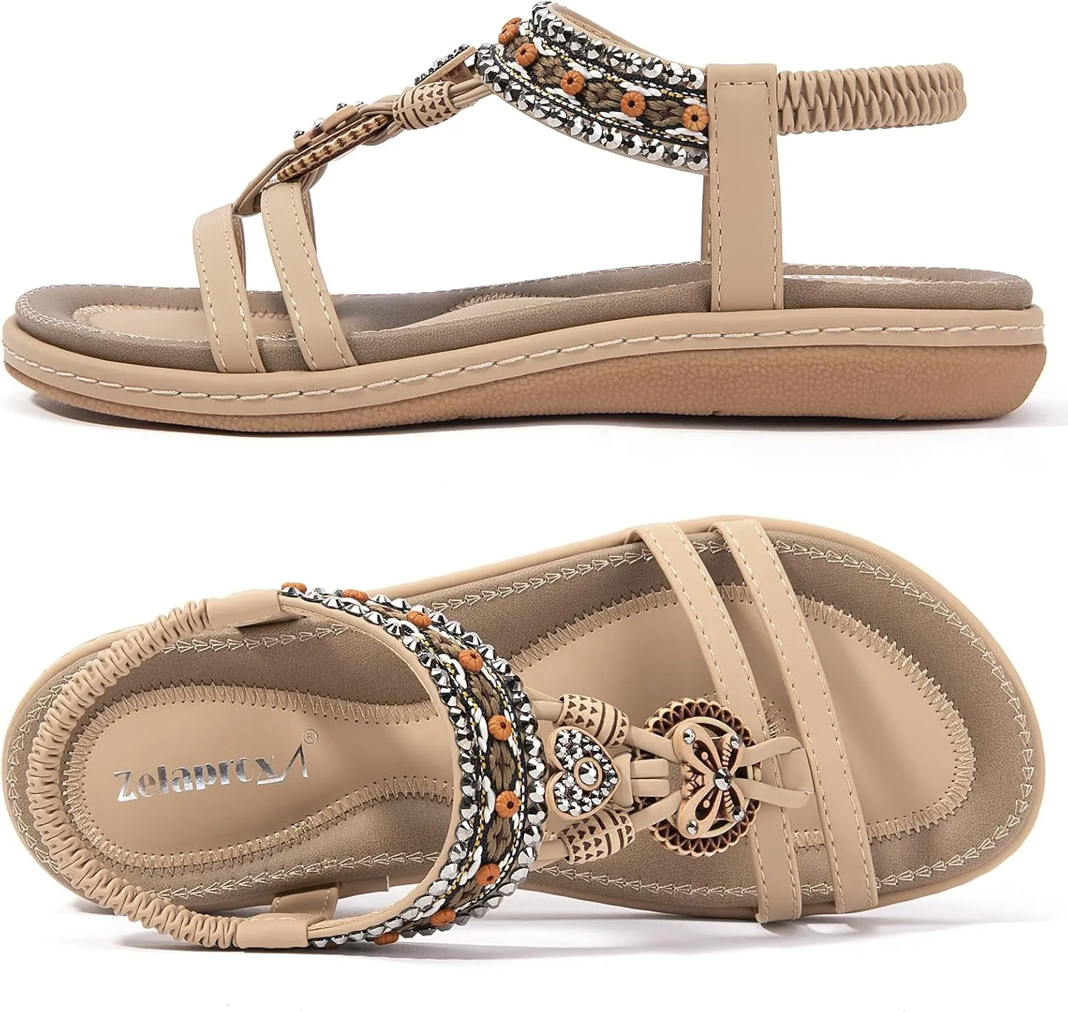 Zelaprox Women's Sandals Jeweled Crystal Summer Comfortable Slip-on Flat Sandals Open Toe Ankle Elastic Strap Beach Shoes Sandals Flops Dressy Sandals