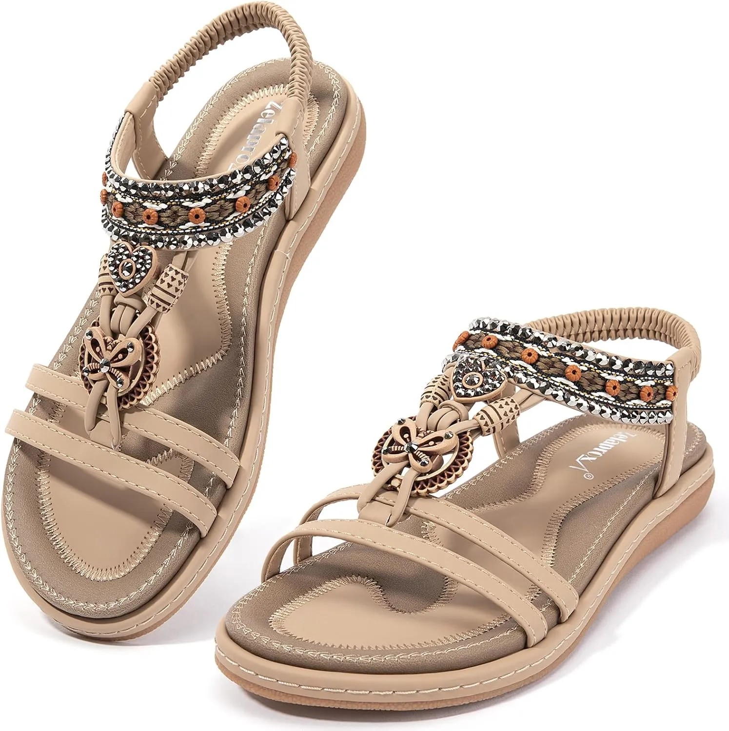 Zelaprox Women's Sandals Jeweled Crystal Summer Comfortable Slip-on Flat Sandals Open Toe Ankle Elastic Strap Beach Shoes Sandals Flops Dressy Sandals