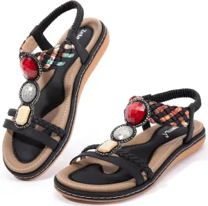 Zelaprox Women's Sandals Jeweled Crystal Summer Comfortable Slip-on Flat Sandals Open Toe Ankle Elastic Strap Beach Shoes Sandals Flops Dressy Sandals