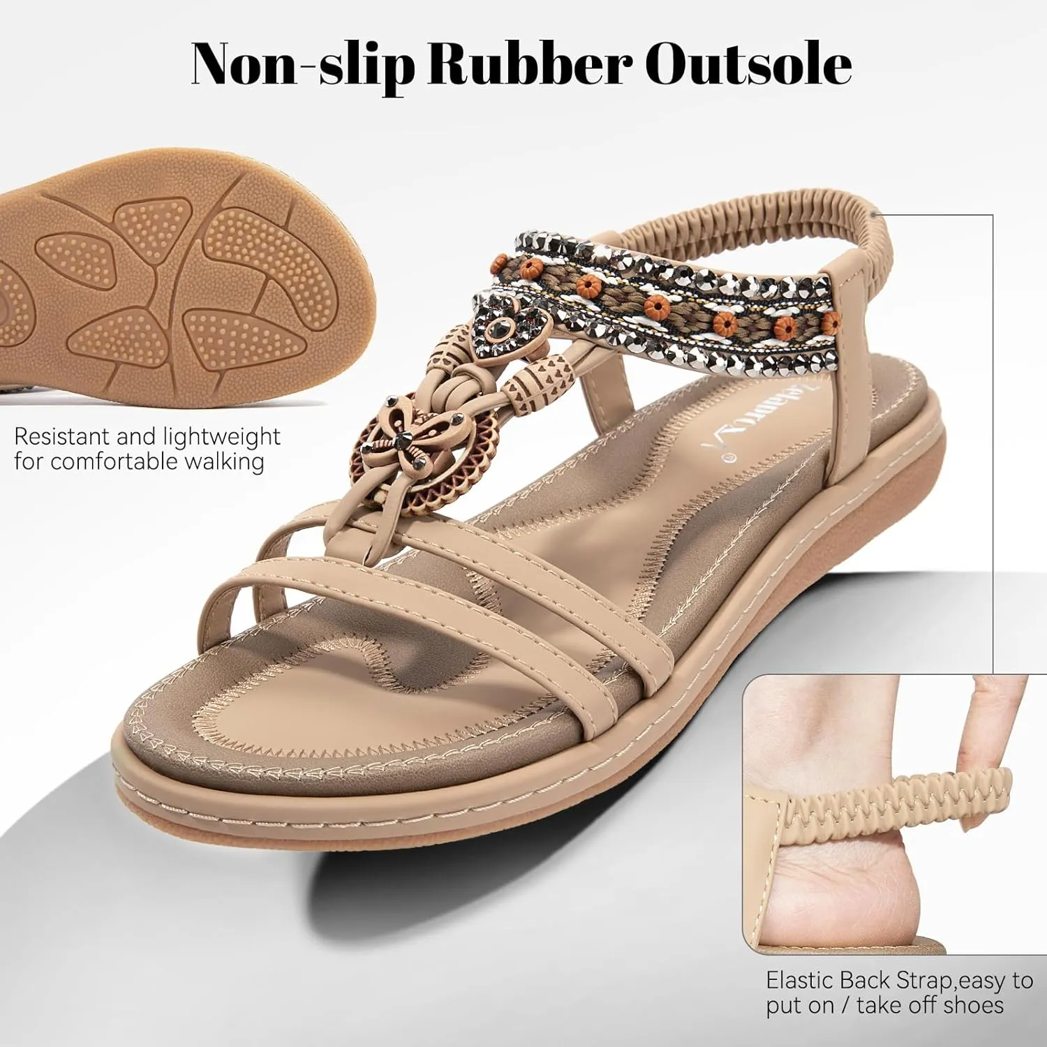 Zelaprox Women's Sandals Jeweled Crystal Summer Comfortable Slip-on Flat Sandals Open Toe Ankle Elastic Strap Beach Shoes Sandals Flops Dressy Sandals