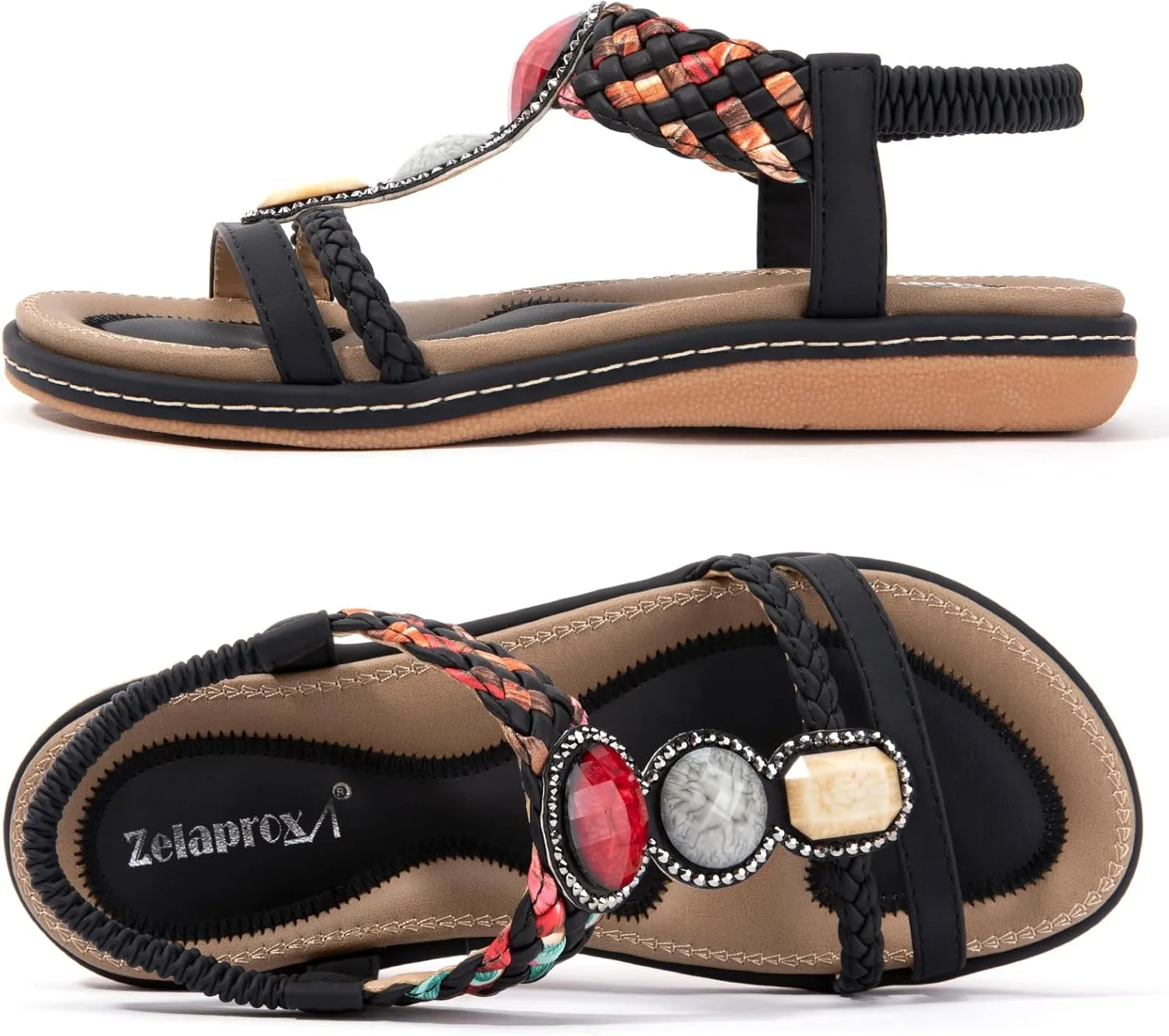 Zelaprox Women's Sandals Jeweled Crystal Summer Comfortable Slip-on Flat Sandals Open Toe Ankle Elastic Strap Beach Shoes Sandals Flops Dressy Sandals