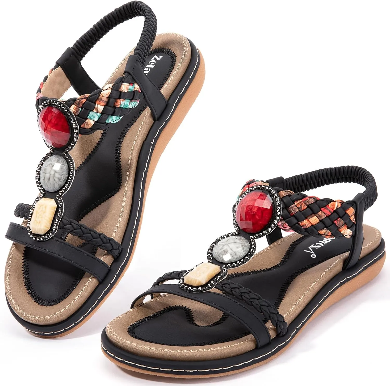Zelaprox Women's Sandals Jeweled Crystal Summer Comfortable Slip-on Flat Sandals Open Toe Ankle Elastic Strap Beach Shoes Sandals Flops Dressy Sandals