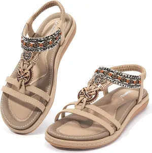 Zelaprox Women's Sandals Jeweled Crystal Summer Comfortable Slip-on Flat Sandals Open Toe Ankle Elastic Strap Beach Shoes Sandals Flops Dressy Sandals
