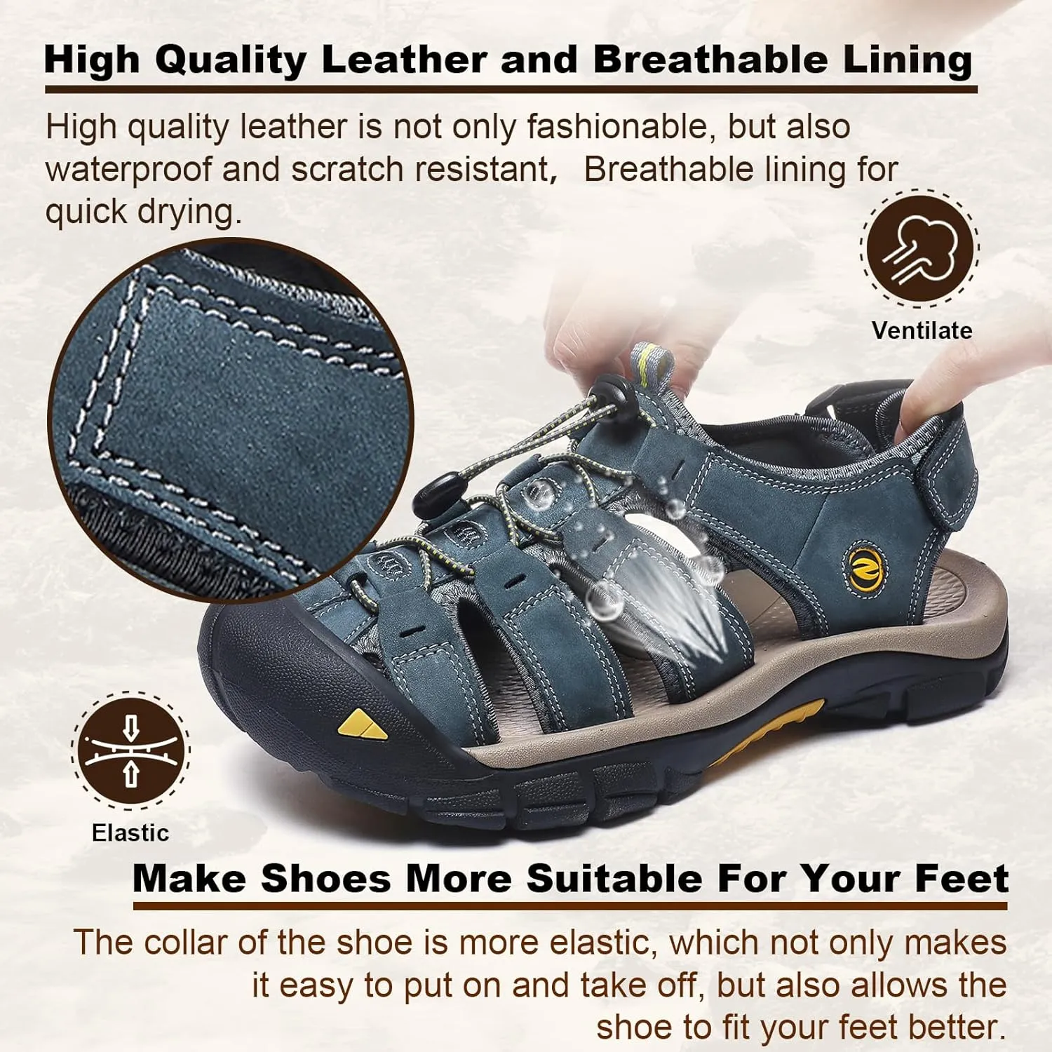 ziitop Mens Hiking Sandals Closed Toe Athletic Sport Sandals Leather Athletic Lightweight Trail Walking Casual Water Shoes