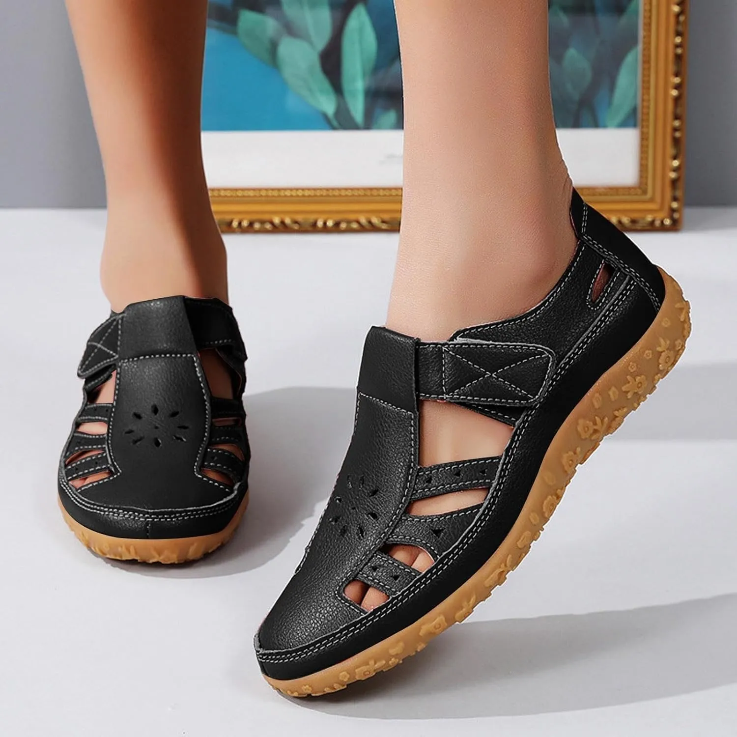 ZSpzx Summer Sandals For Women 2025,Closed Toe Wedge Shoes Hollow Out Retro Soft Soled Casual Adjustable Slip On Walking Wedges Arch Support Bohe Cute Slides for Party Beach Vacation