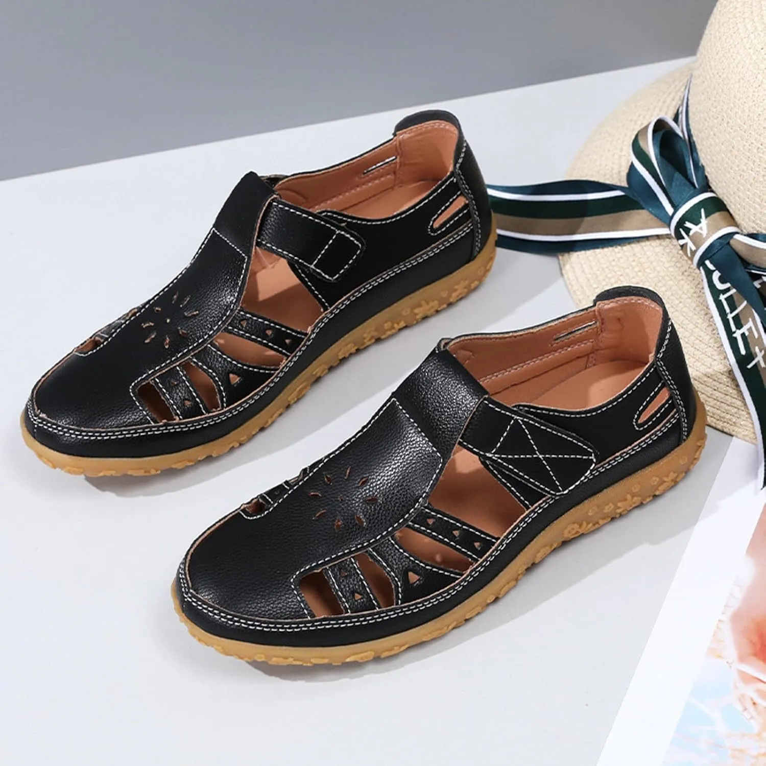 ZSpzx Summer Sandals For Women 2025,Closed Toe Wedge Shoes Hollow Out Retro Soft Soled Casual Adjustable Slip On Walking Wedges Arch Support Bohe Cute Slides for Party Beach Vacation