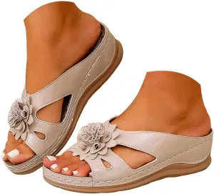 ZSpzx Wedge Sandals for Women 2025 Dressy Summer Comfortable Open Toe Walking Fish Mouth Flowers Non Slip-on Slides Beach Cushion Casual Womens Wedges Support Arch support Slide Shoes for Daily Wear
