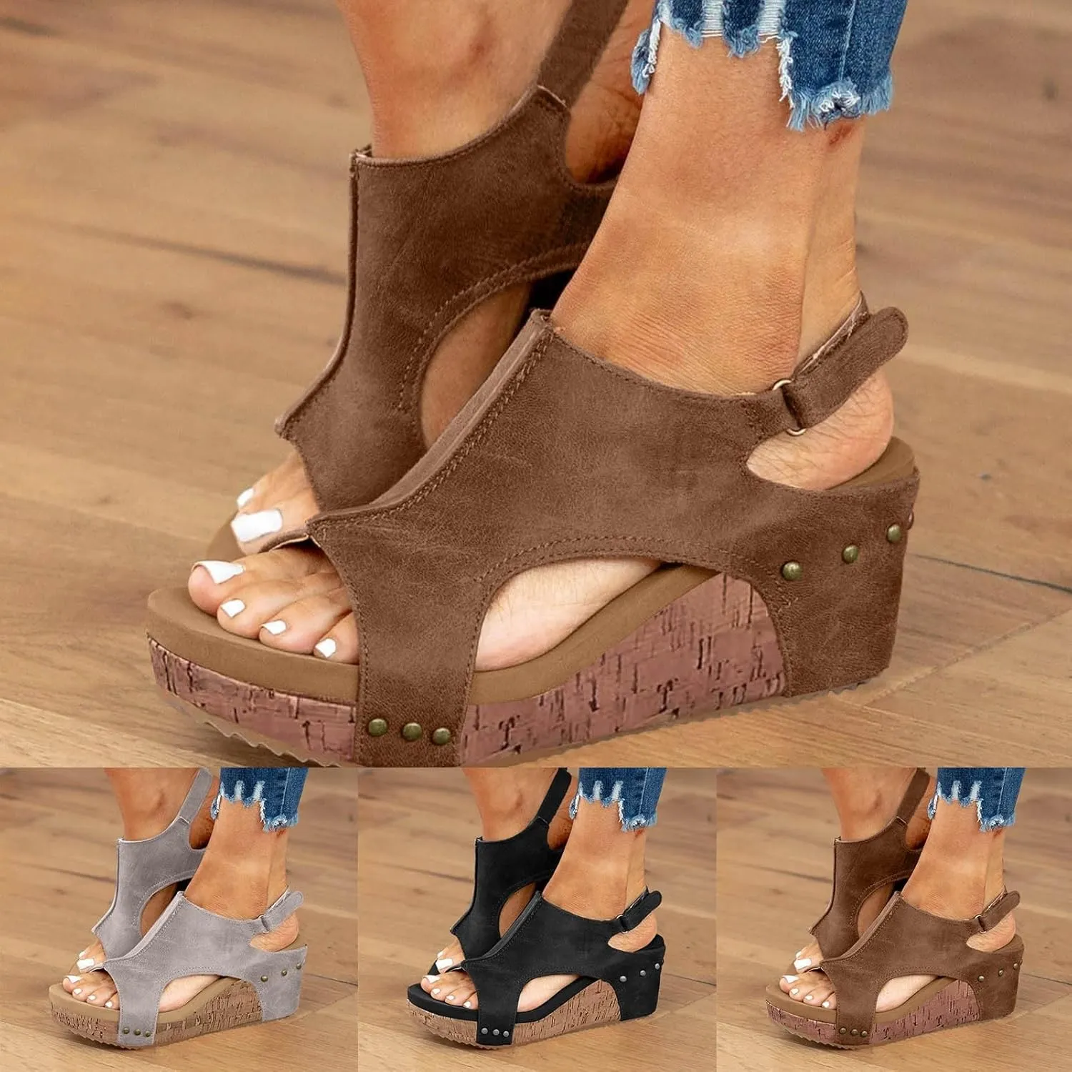ZSpzx Womens Comfy Wedge Orthopedic Sandals Summer Platform Cork Wedges Women's Wedge Sandals Buckle Ankle Strap Ladies Sandals Wedge Comfortable Strappy Sandals Orthopedic Sandals Casual Shoes