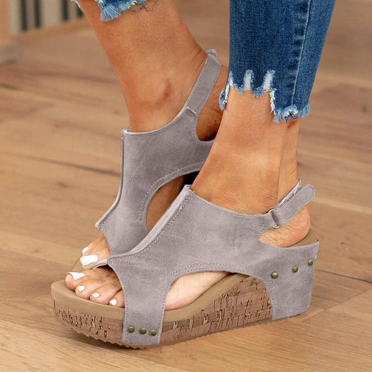 ZSpzx Womens Comfy Wedge Orthopedic Sandals Summer Platform Cork Wedges Women's Wedge Sandals Buckle Ankle Strap Ladies Sandals Wedge Comfortable Strappy Sandals Orthopedic Sandals Casual Shoes