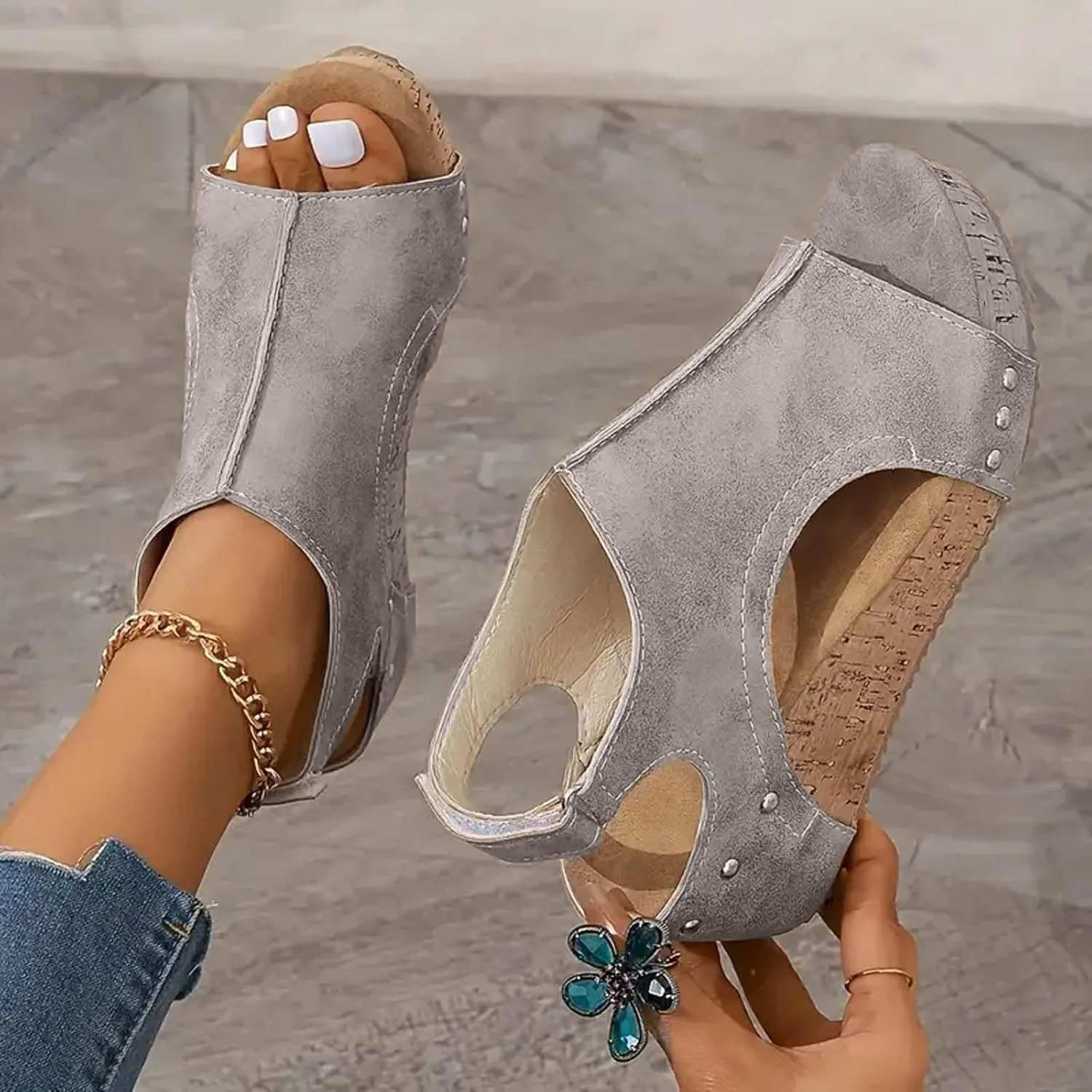 ZSpzx Womens Comfy Wedge Orthopedic Sandals Summer Platform Cork Wedges Women's Wedge Sandals Buckle Ankle Strap Ladies Sandals Wedge Comfortable Strappy Sandals Orthopedic Sandals Casual Shoes