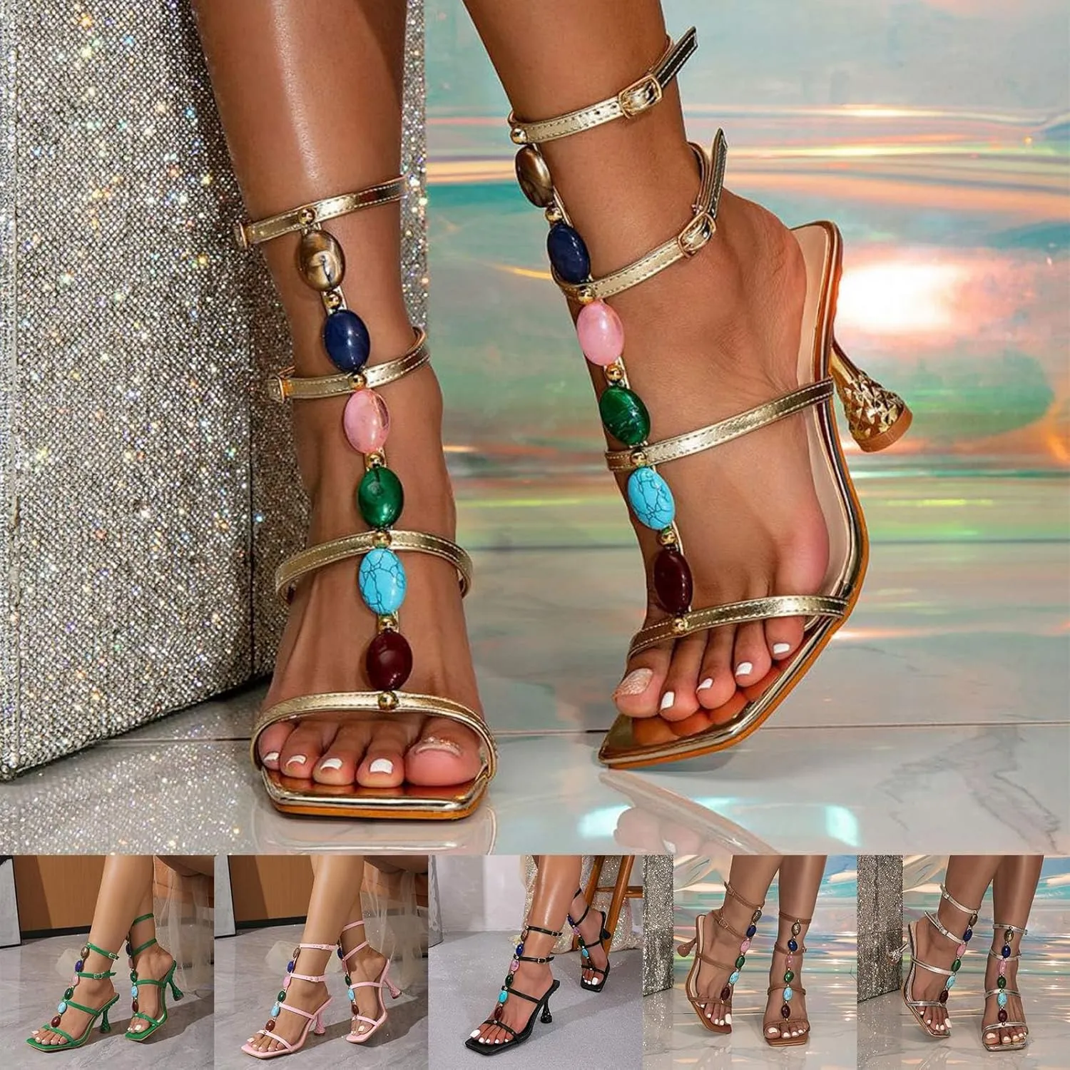 ZSpzx Women's Square Toe Sandals Stiletto Heels Womens Beaded T-strap Double Ankle Strap Slides Dressy Summer Comfortable Slippers Sandal Slip on Dress Sexy Shoes for Beach Oceanside Holiday Outdoor