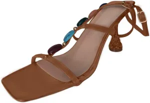 ZSpzx Women's Square Toe Sandals Stiletto Heels Womens Beaded T-strap Double Ankle Strap Slides Dressy Summer Comfortable Slippers Sandal Slip on Dress Sexy Shoes for Beach Oceanside Holiday Outdoor